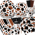 452 Pcs Cow Print Party Decorations Supplies Include Brown Cow Print Paper Plates Napkins Cups Tablecloth Cutlery Straws for Western Rodeo Birthday Baby Shower Farm Animal Party Decorations