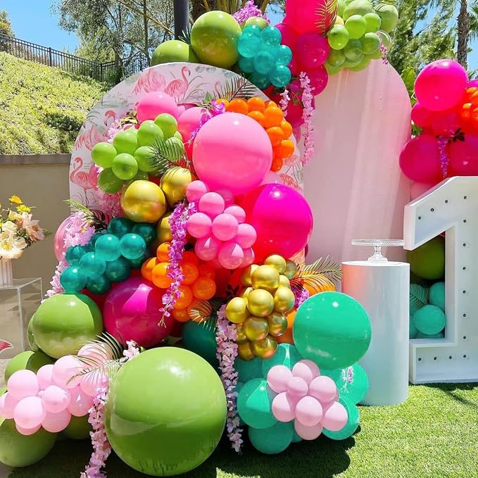 Paready Tropical Balloons Set, 12 Inch Hot Pink Orange Teal Green Metallic Gold - Image 5