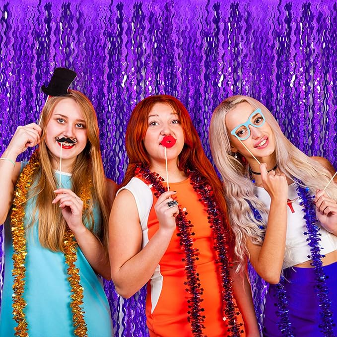 2 Pack Purple Backdrop Tinsel Foil Fringe Curtains Sparkle Metallic Wavy Foil - Image 4
