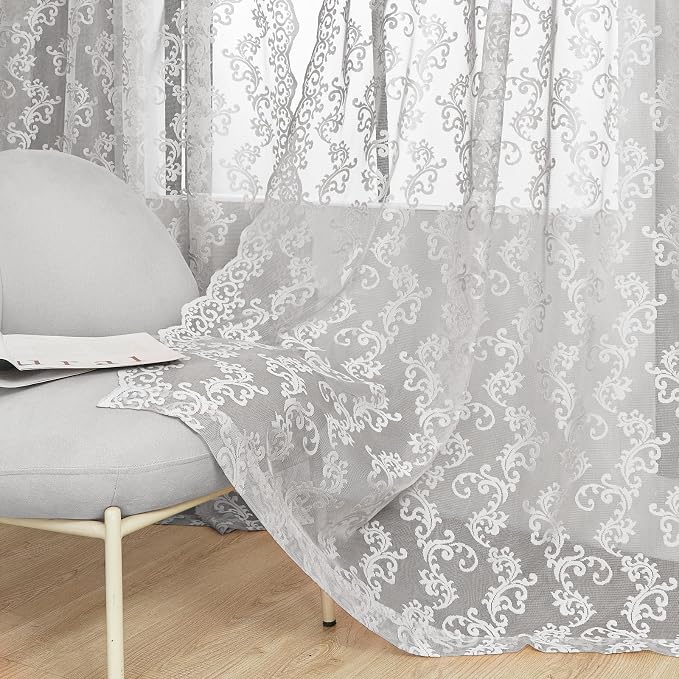 FOLKSIDE Grey Lace Curtains 63 Inch Length 2 Panels Paisley Pattern Rod Pocket - Image 5
