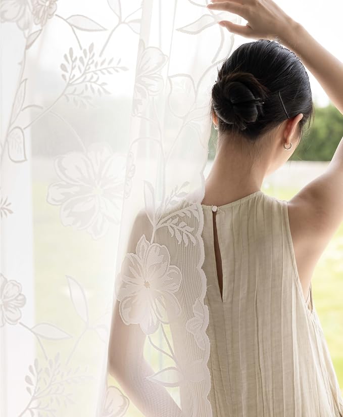 White Lace Sheer Curtains for Living Room 84inch Vintage Rose Botanical Floral - Image 5