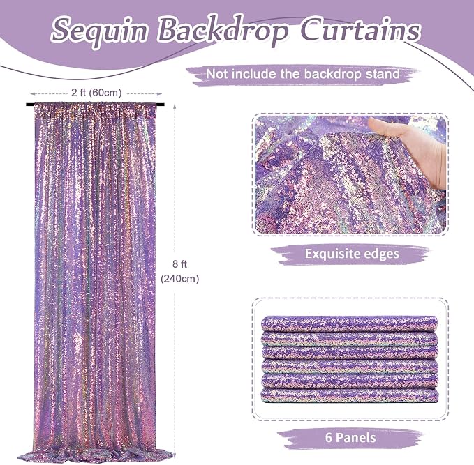SoarDream Mermaid Purple Sequin Backdrop 6 Pcs 2ftx8ft Glitter Backdrop Curtains - Image 4