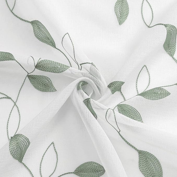 Tollpiz Sage Green Leaf Sheer Curtains Living Room 54 x 63 Inches | Leaves - Image 9