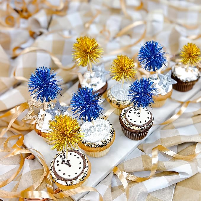 Gyufise 30Pcs Foil Firework Cupcake Toppers Sparkle Tinsel Cake Toppers Tinsel - Image 4