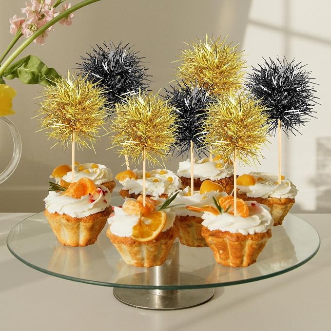 Chinco 100 Pcs Foil Firework Cupcake Toppers Black and Gold Sparkle Tinsel Cake - Image 4