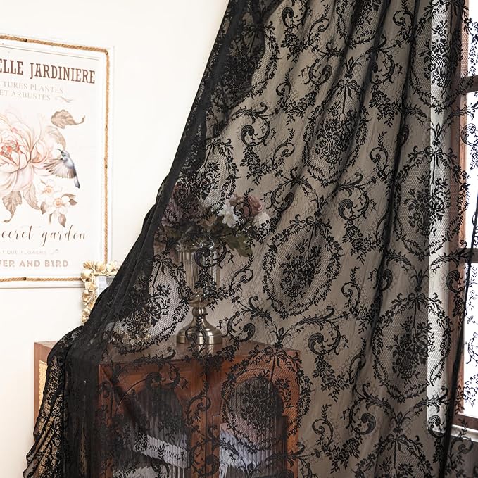 Deeprove Black Lace Curtains 96 Inch Length Set of 2 Panels Pair - Image 7