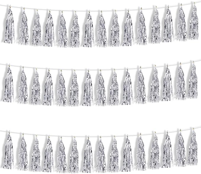 BEISHIDA 3 Packs Silver Metallic Foil Fringe Tassel Garland Pre-Strung Tassels by Beishida