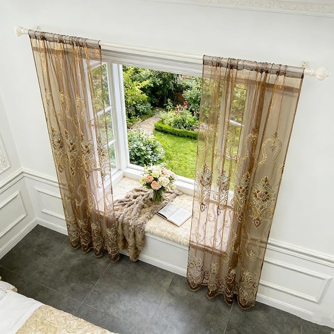 1pc Luxury Brown Embroidered Floral Sheer Tulle Curtain - Image 4