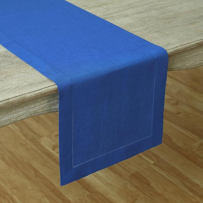 Solino Home Linen Royal Blue Table Runner 132 Inches Long - 100% Pure Linen Extra Long Table Runner 14 x 132 Inch - Classic Hemstitch