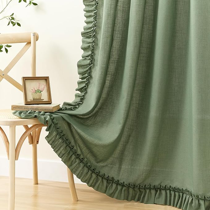 Dark Green Linen Ruffled Curtains - Image 5