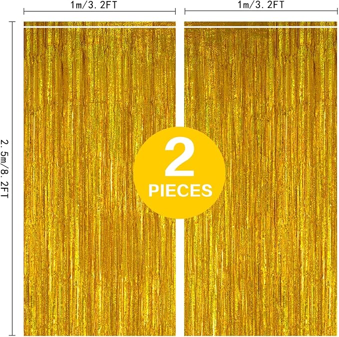 2 Pack 3.2ft x 8.2ft Gold Metallic Foil Curtains, Big Laser Glitter Fringe Rain - Image 4