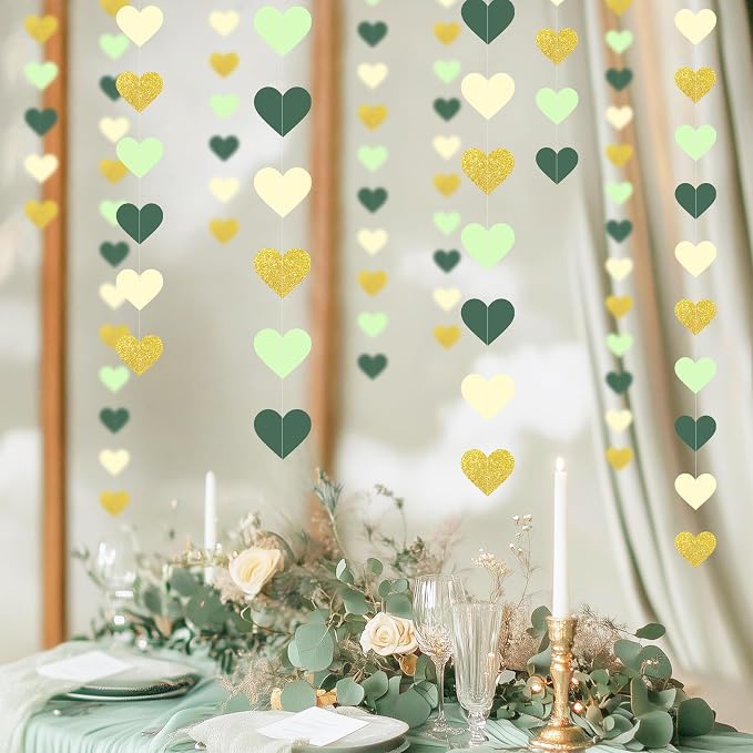 5PCS Sage Green Heart Garland, 72ft Sage Green Gold Heart Ceiling Decorations - Image 5