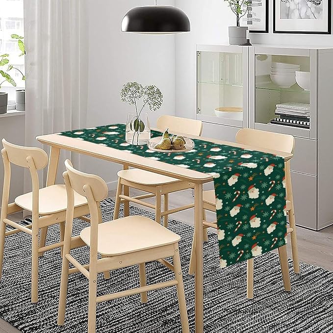 Christmas Table Runner,Seasonal Winter Xmas Holiday Green Table Cloth Kitchen Dining Table Decoration for Home Party Decor 13x60 Inch