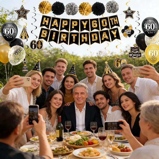 60th Birthday Decorations for Men Women | Pre-Strung Black Gold Happy Birthday - Image 5