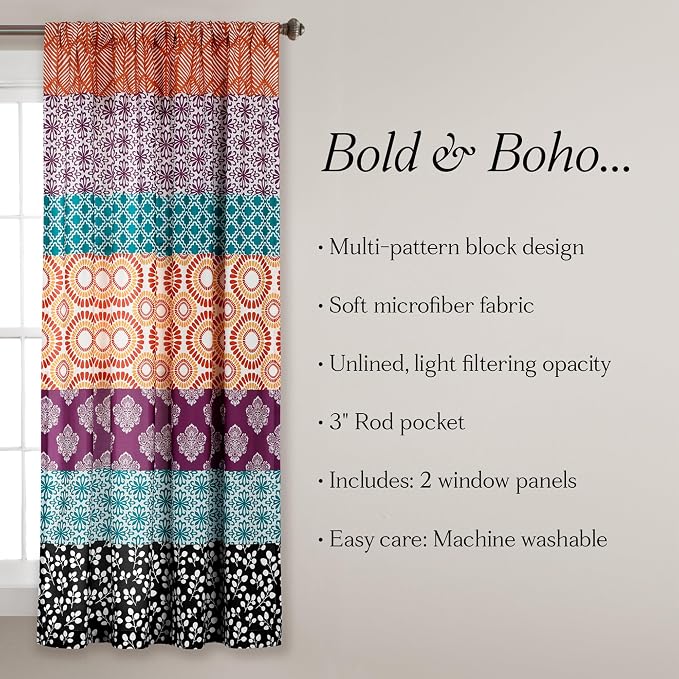 Lush Decor Bohemian Stripe Window Curtain Panels, Pair 52" W x 63" L Fuchsia & - Image 6