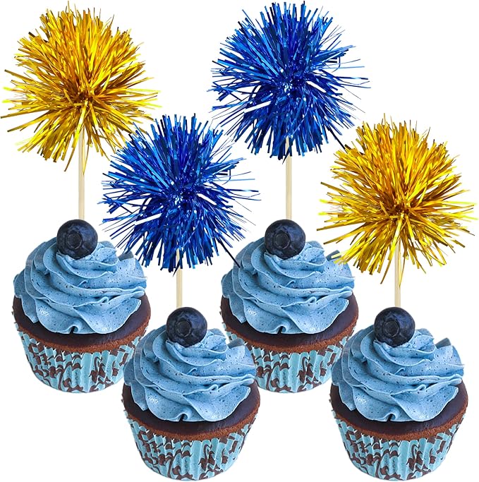 Gyufise 30Pcs Foil Firework Cupcake Toppers Sparkle Tinsel Cake Toppers Tinsel by Gyufise