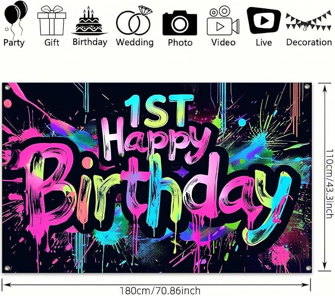 HOMETITUTE Neon 1st Happy Birthday Banner 71x43 Inch Paint Splatter Backdrop - Image 3