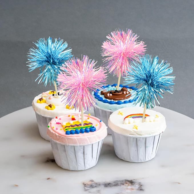 Gyufise 30Pcs Foil Firework Cupcake Toppers Sparkle Tinsel Cake Toppers Tinsel - Image 7