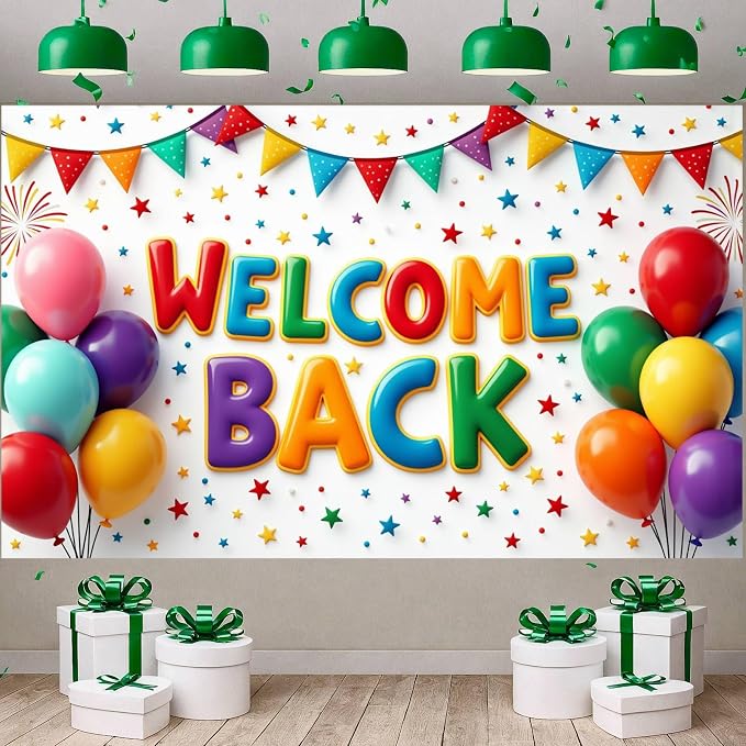 Welcome Back Banner Decorations Colorful Balloons Stars Welcome Home Background by Wayyogh