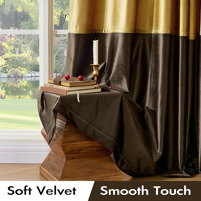 Gold Brown Velvet Blackout Curtains Luxury Decor 108 inches, Color Block | - Image 3