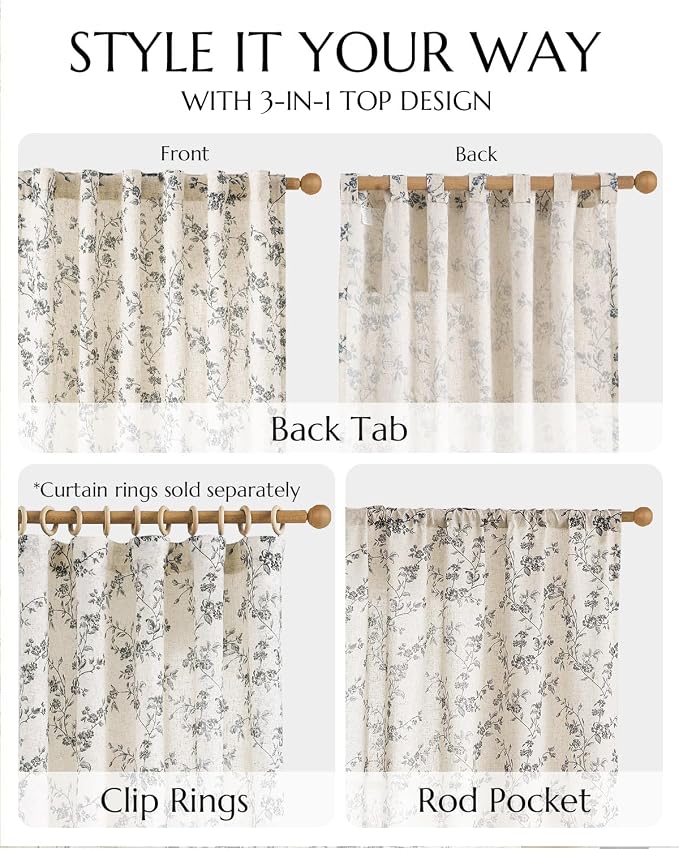 jinchan Black Floral Linen Curtains 84 Inch Farmhouse Back Tab 2 Panels | - Image 8