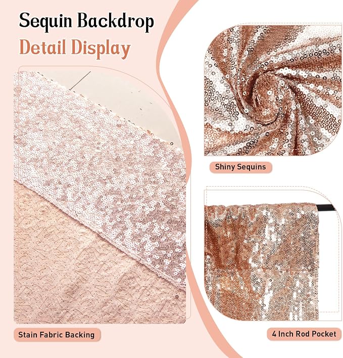 SquarePie 6x8ft Rose Gold Sequin Backdrop, High Density Non-Transparent Glitter - Image 3