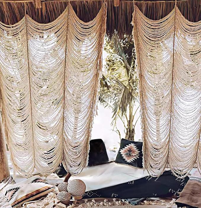 Macrame Curtain White Handmade Boho Room Divider Window Yarn 59"W*75"L | Cotton - Image 3