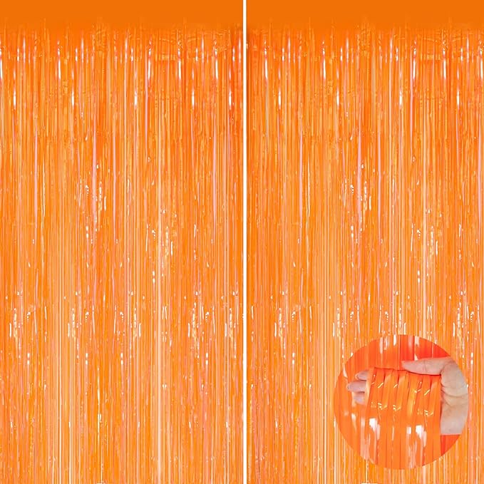 Orange Metallic Tinsel Foil Fringe Curtains, 2 Pack 3.3x8.3 Feet Party Streamer by NUWDHP