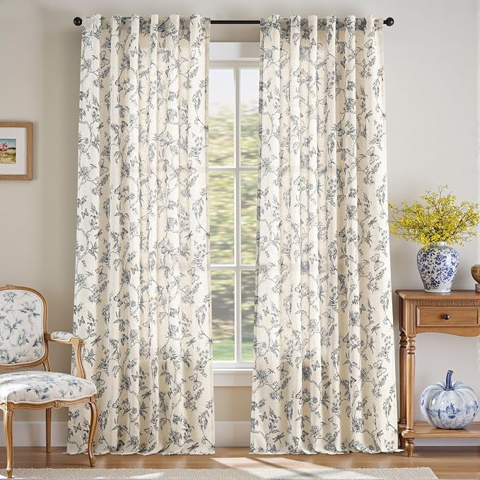 Blue Floral Linen Curtains Farmhouse Rod Pocket 50W X 108L 2 Panels | Charlotte - Image 2