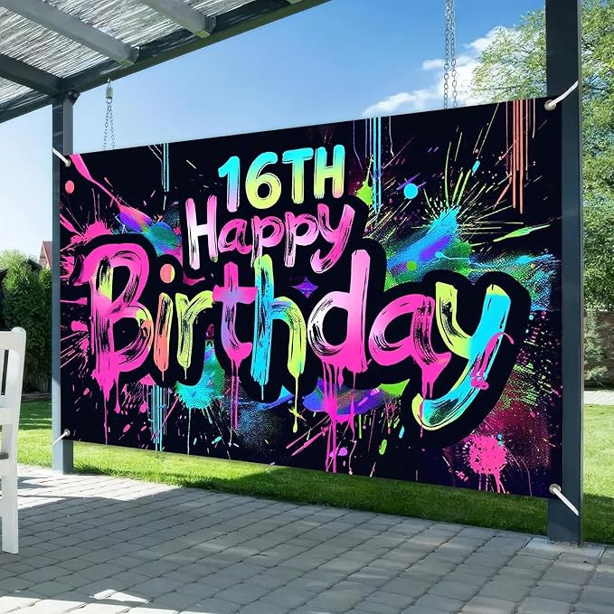 HOMETITUTE Happy 16th Birthday Decoration Banner 71x43 Inch | 16th Birthday - Image 2