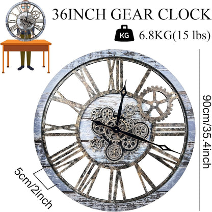 The B-Style Large Wall Clock 24 inch Moving Gear Wall Clock Oversized Vintage Farmhouse Wall Clocks for Living Room Decor Rustic Industrial Wood Clock (Aqua Green, 36 inch/90cm)