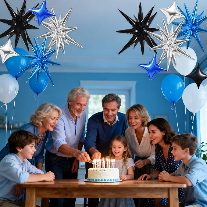 TONIFUL 22Inch 18Pcs Black Blue Silver Explosion Star Mylar Balloons and 10Inch - Image 4