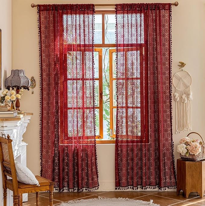 Burgundy Boho Lace Curtains, Wine Red Sheer Window Panels | Extra Long Crochet by YJYANJUN