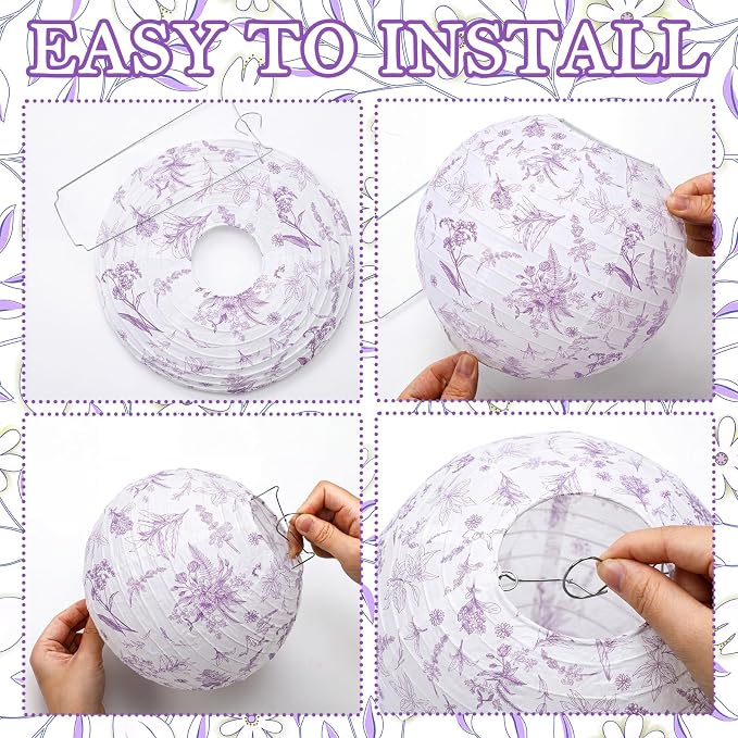 Riakrum 18 Pcs Floral Paper Lantern Set 10" 8" Purple and White Round Lantern - Image 3