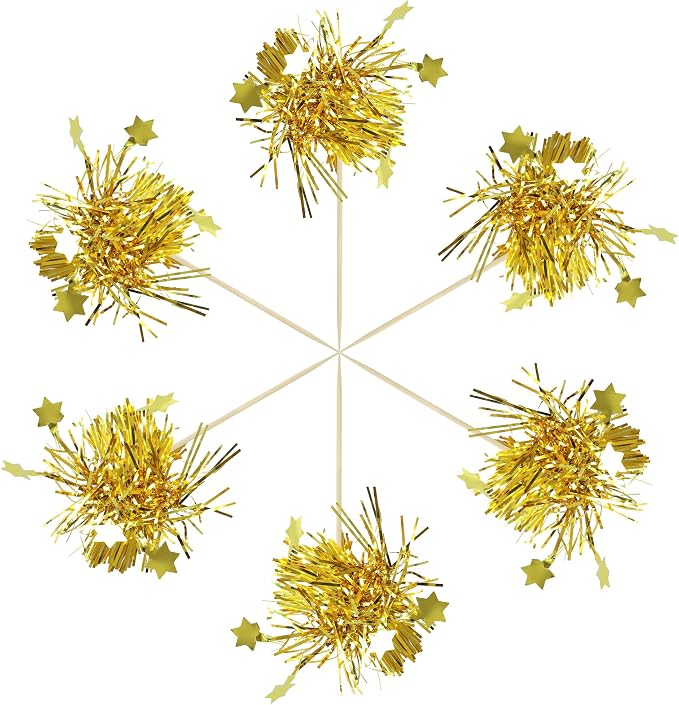 Gyufise 30Pcs Star Foil Firework Cupcake Toppers Sparkle Tinsel Cake Toppers - Image 3