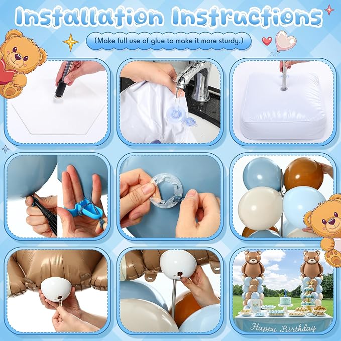Kasyat 2 Set Bear Baby Shower Balloon Column Stand Kit Dusty Blue and Brown - Image 3