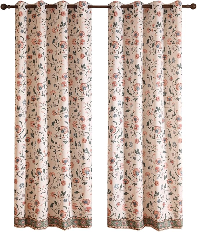 Designer French Linen Printed Curtains, 2 Panels, Floral Pattern Draps - Image 4
