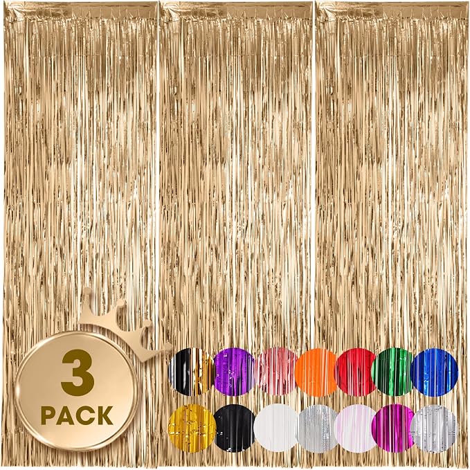 Voircoloria 3 Pack 3.3x8.2 Feet Champagne Foil Fringe Backdrop Curtains by Voircoloria