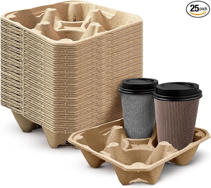 HAKOWARE 8-32oz 4 Cup Disposable Drink Carrier Trays, Compostable Pulp Fiber by HarvestPackGOURMETSHOWCASE