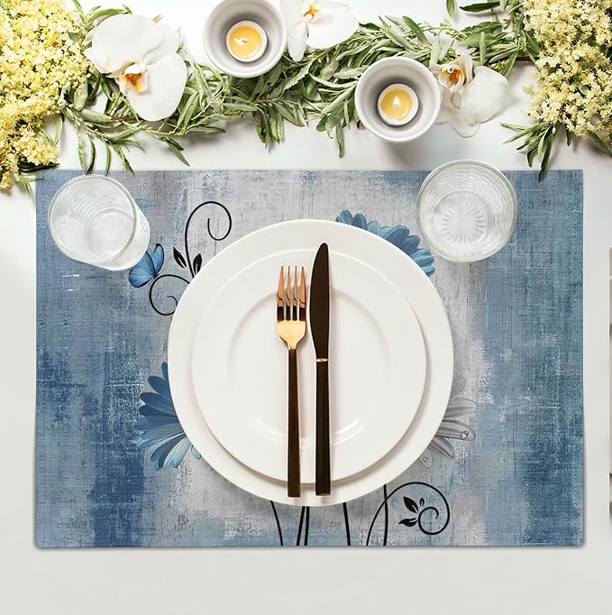 Daisy Placemats Set of 4 Blue Grey Rustic Vintage Floral Table Place Mats 12x18 - Image 3