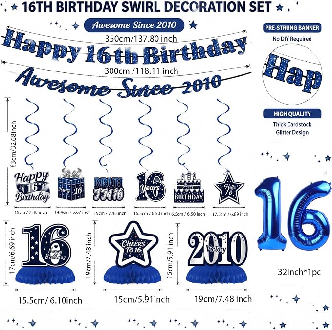 16th Birthday Decorations For Boys, Pre-Strung Navy Blue Happy 16th Birthday & - Image 3