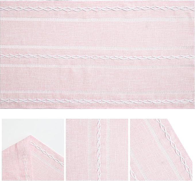 Artoid Mode Pink Rustic Cotton Linen Table Runner, Seasonal Embroidered Hollow Kitchen Dining Table Decoration for Home Party Decor 13x36 Inch