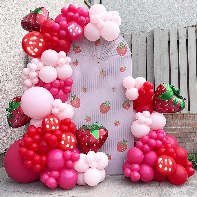 Strawberry Balloons, 12 Inch Red Macaron Pink Hot Pink Dot Balloons - Image 6