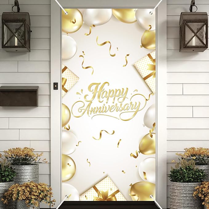 Happy Anniversary Backdrop Banner White Gold Elegant Door Cover Photography by Unknown