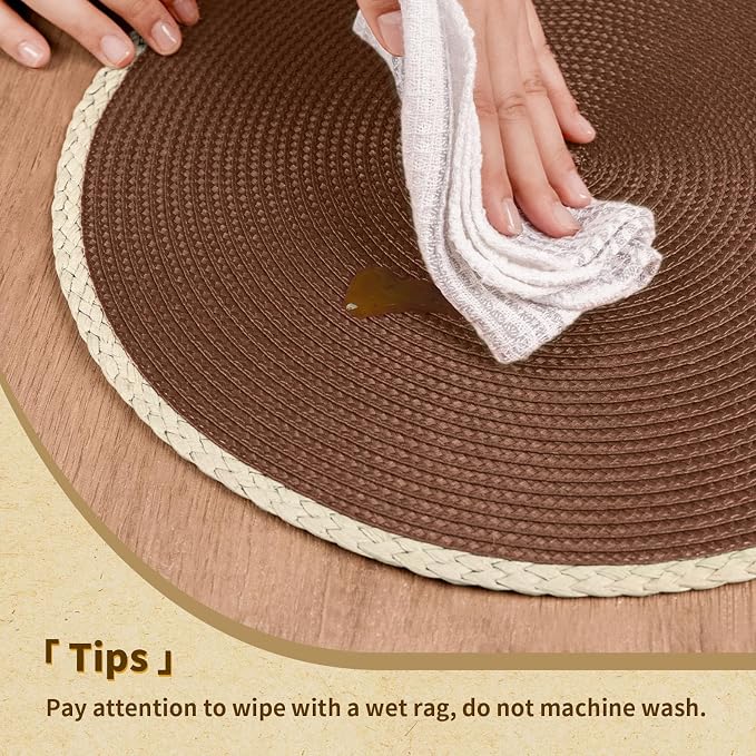 Round Placemats Set of 6, Woven Table Mats, Thin Edge, Chestnut Brown | Braided - Image 4