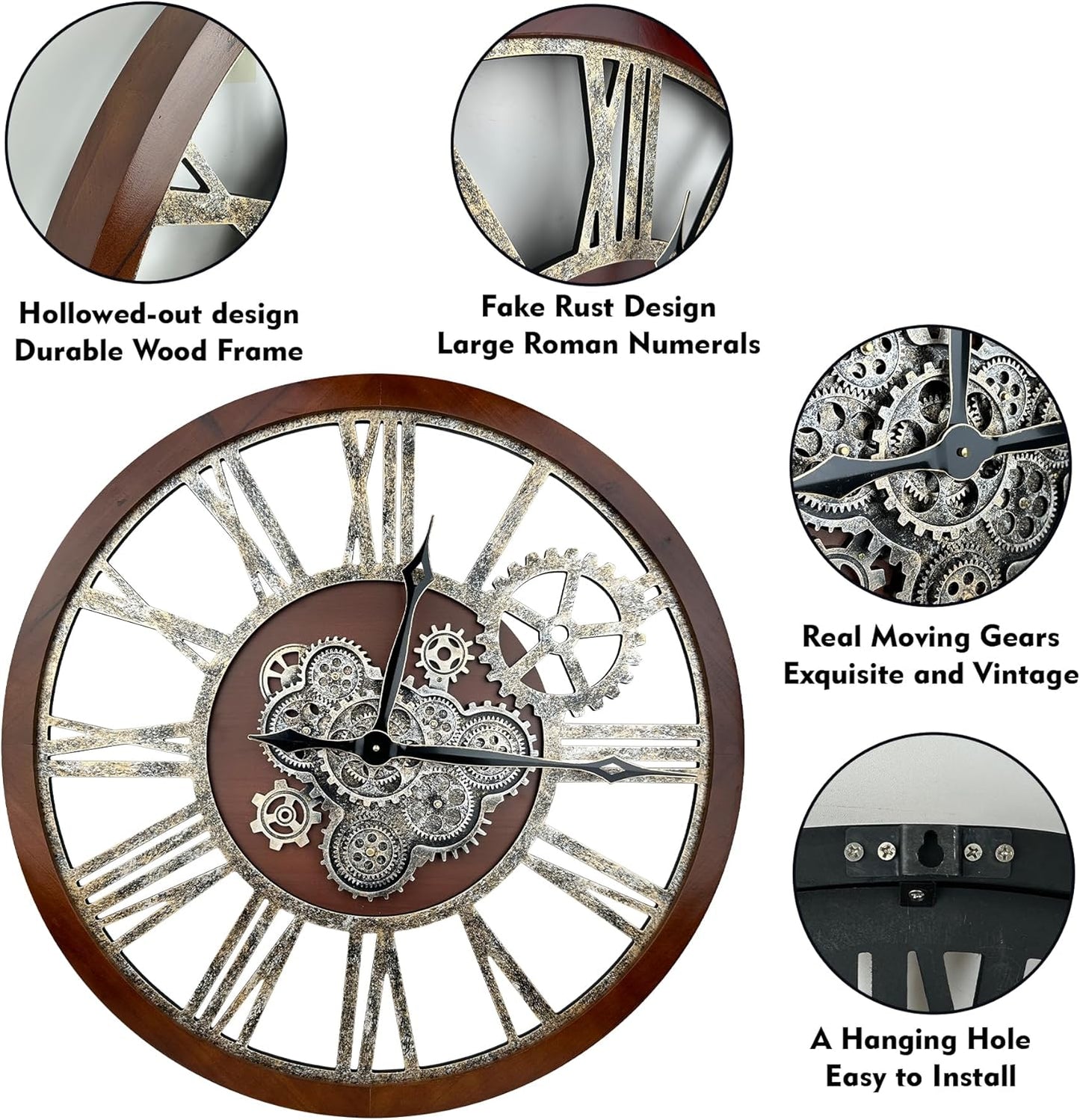 The B-Style Large Real Moving Gears Wall Clock 30 inch Rustic Retro Industrial Farmhouse Wood Clock Oversized Decorative Vintage Wall Clocks for Living Room (Walunt Wood and Bronze)