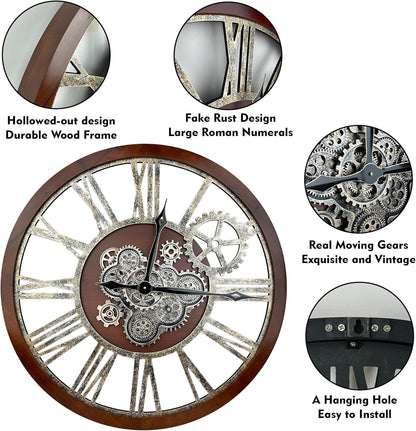 The B-Style Large Real Moving Gears Wall Clock 30 inch Rustic Retro Industrial Farmhouse Wood Clock Oversized Decorative Vintage Wall Clocks for Living Room (Walunt Wood and Bronze)