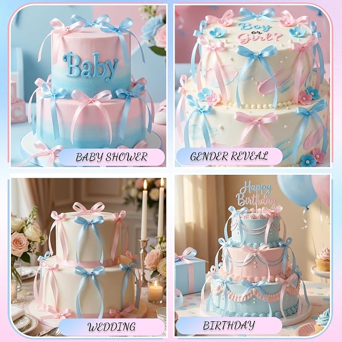 30 Pack Pink Blue Bow Cake Toppers Ribbon Bows - Image 4