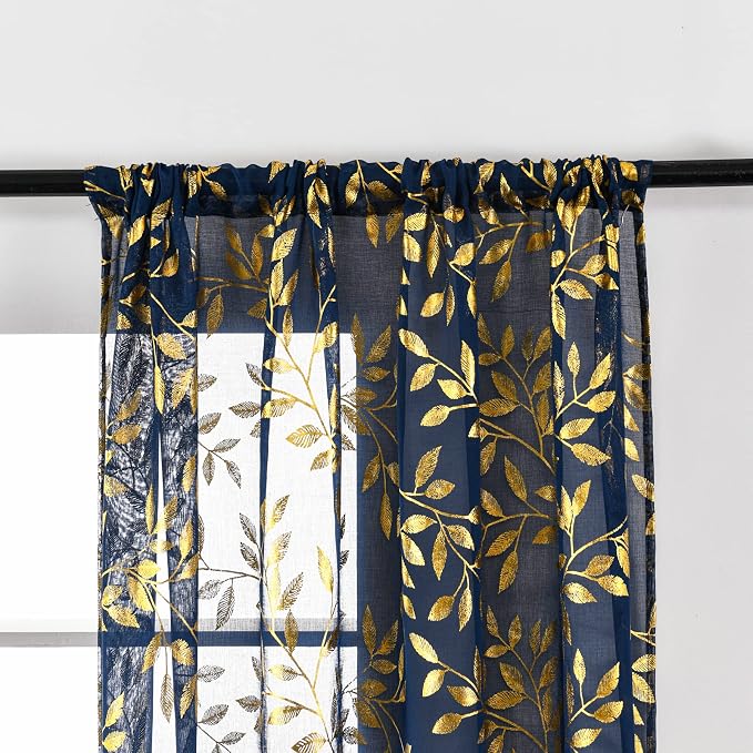 Sutuo Home Blue Sheer Curtains 84 Inch Length 2 Panels Set, Luxury Gold Foil - Image 7