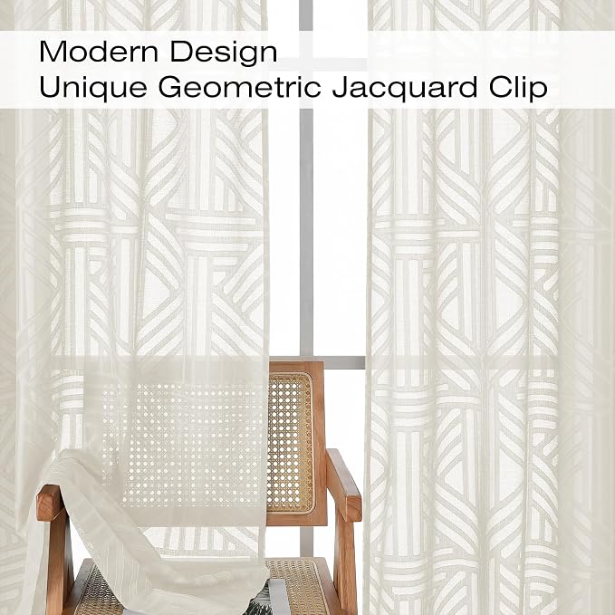 Simplebrand Semi Sheer Ivory Curtains 30 Inch Length 2 Panels, Geometric - Image 4